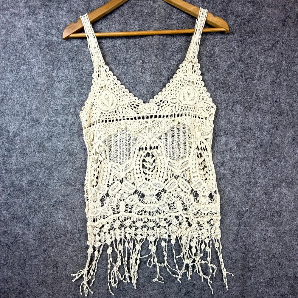 Phase One Crochet Top Womens Small Beige Fringe‎ Sleeveless Boho Chic Festival